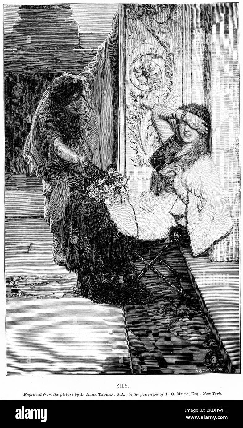 Stich eines Freiers, der seiner schüchternen Dame einen Blumenstrauß übergibt. Gestochen nach dem Bild von L. Alma Tadema. Stockfoto