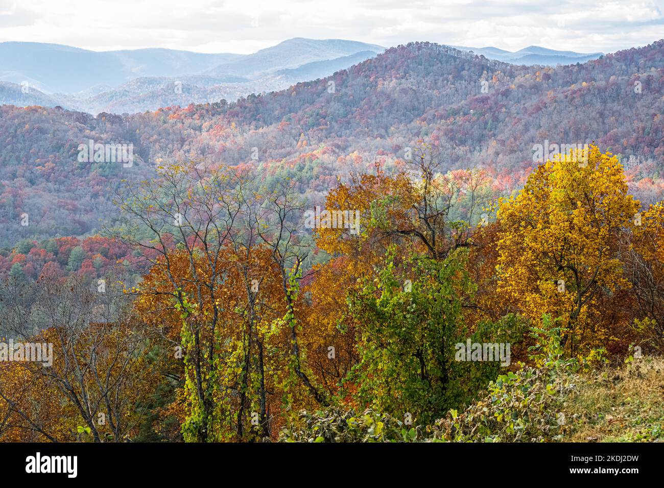 Die malerische Herbstlandschaft in den Blue Ridge Mountains von Georgia vom Sky Valley aus blickt auf Dillard, Georgia, und Highlands, North Carolina. (USA) Stockfoto