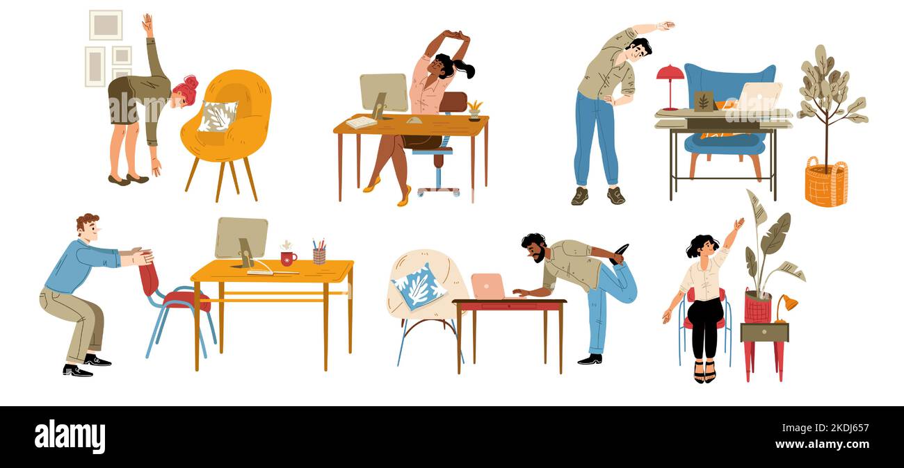 Büroangestellte trainieren bei der Arbeit, strecken sich in der Nähe des isolierten Schreibtisches. Menschen üben Training am Arbeitsplatz tun Kniebeugen und lehnt genießen Pause, Cartoon lineare flache Vektor-Illustration Stock Vektor