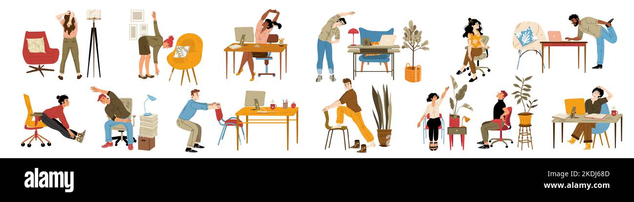Büroangestellte trainieren bei der Arbeit, strecken sich in der Nähe des isolierten Schreibtisches. Menschen üben Training am Arbeitsplatz tun Kniebeugen, lehnt und Ausfallschritte genießen Pause, Cartoon lineare flache Vektor-Illustration Stock Vektor