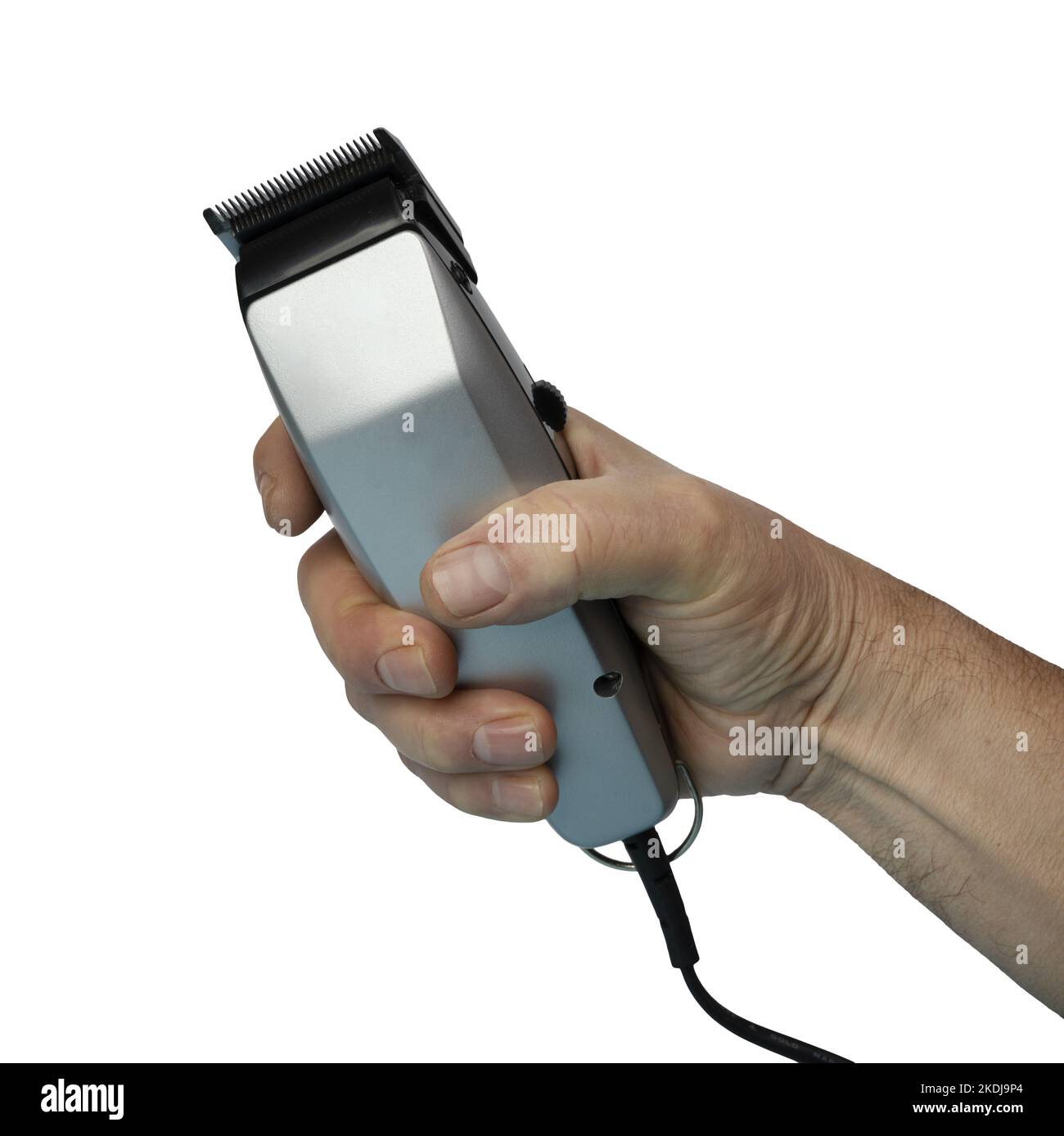 Eine männliche Hand mit einem elektrischen Haarschneider auf transparentem Hintergrund Stockfoto