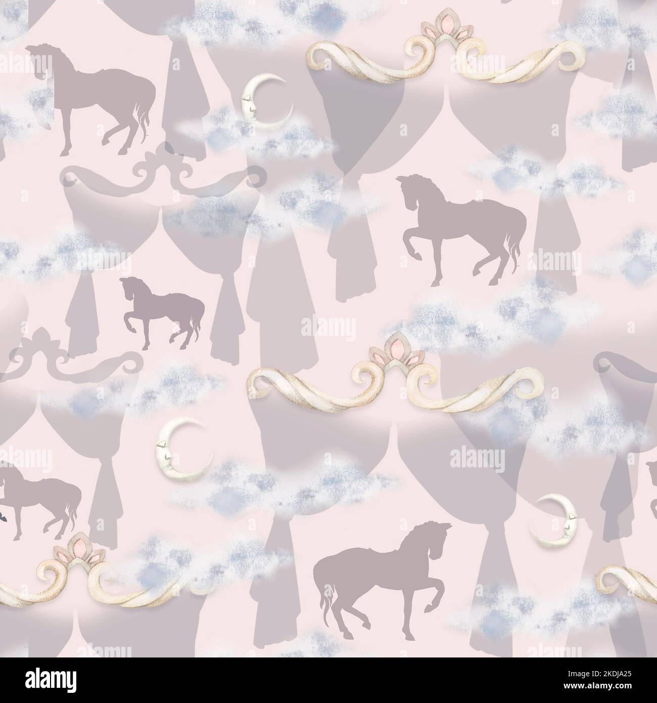 Pferd in Gardinen, rosa. Von Hand bemaltes Muster in Aquarell. Verwendet in modernen und stilvollen Innenarchitektur, Corporate Identity, Website-Design, printi Stockfoto