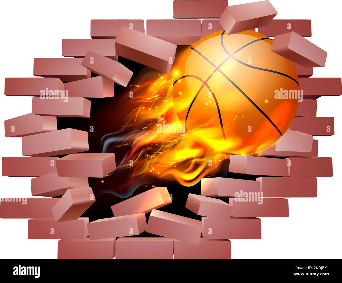 Basketball Ball Flame Feuer Brechen Ziegelwand Stock Vektor