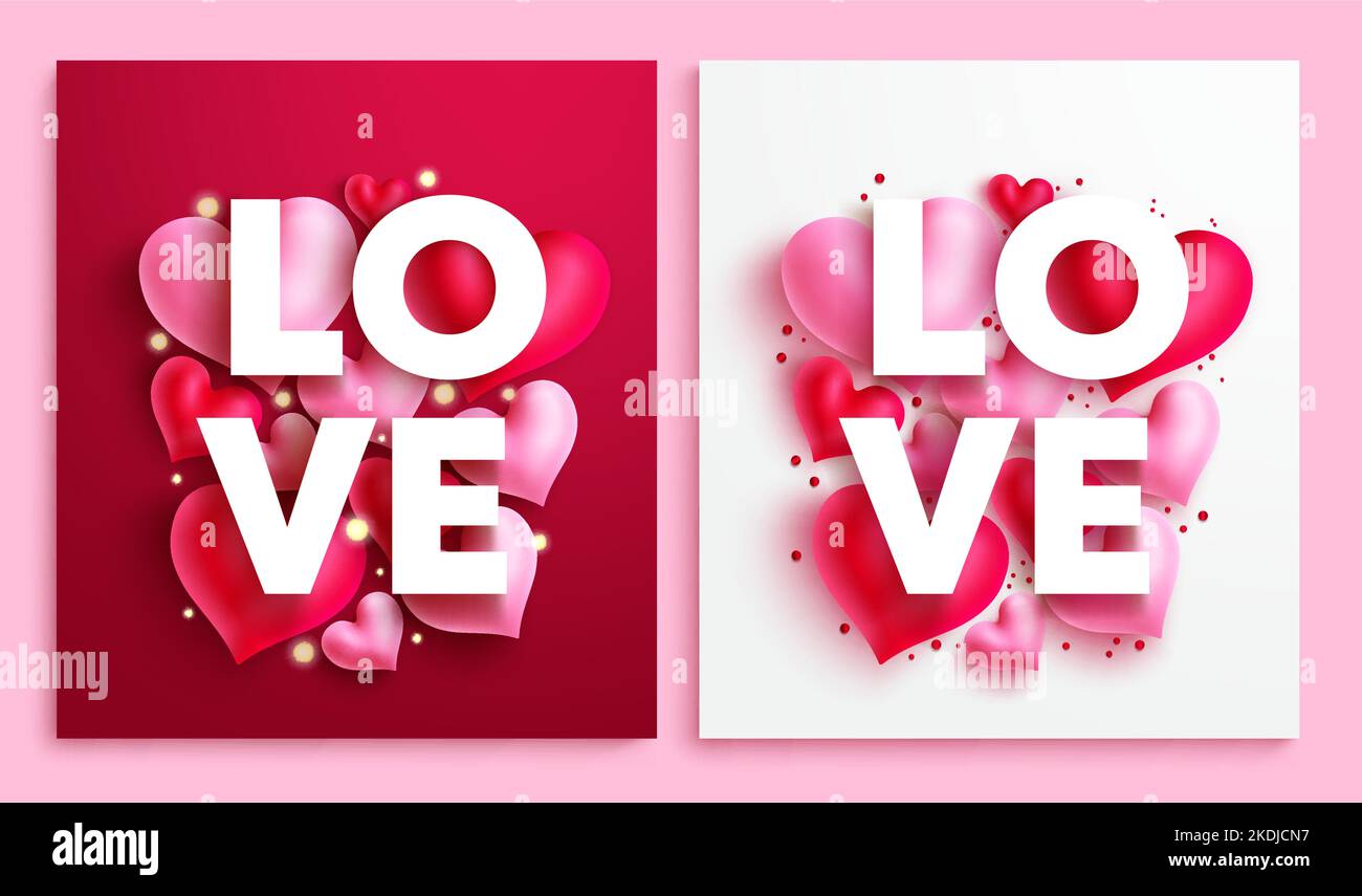 Valentinskarte Vektor-Set-Design. Love Text in 3D Herzen Dekoration mit rot-weißem Hintergrund für romantische Anlass Gruß und Botschaften. Stock Vektor