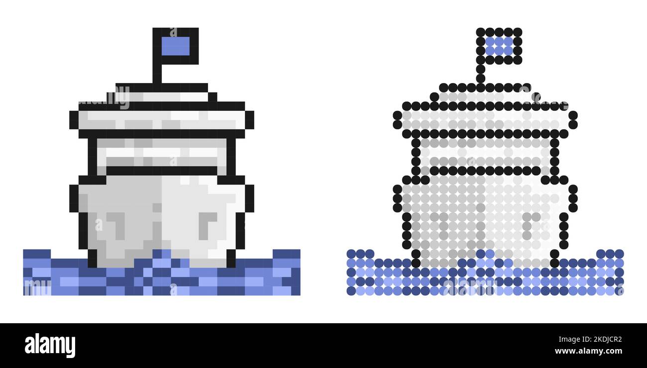 Pixelsymbol. Kreuzfahrt-Schiff für Ozeanfahrten um die Welt. Multi Deck Liner für Erholung am Meer. Einfache Retro-Spiel Vektor isoliert auf weißem Hintergrund Stock Vektor