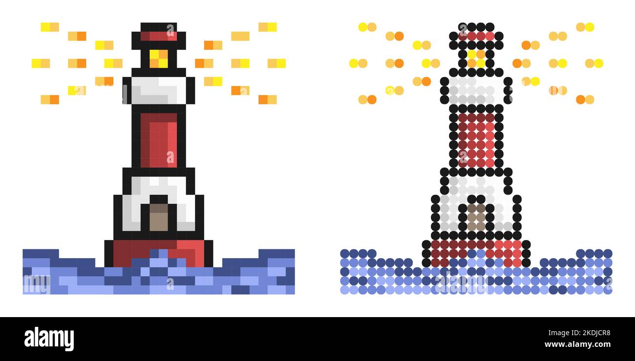 Pixelsymbol. Leuchtturm an der Meeresküste. Sichere Route im Versandbereich. Einfache Retro-Spiel Vektor isoliert auf weißem Hintergrund Stock Vektor