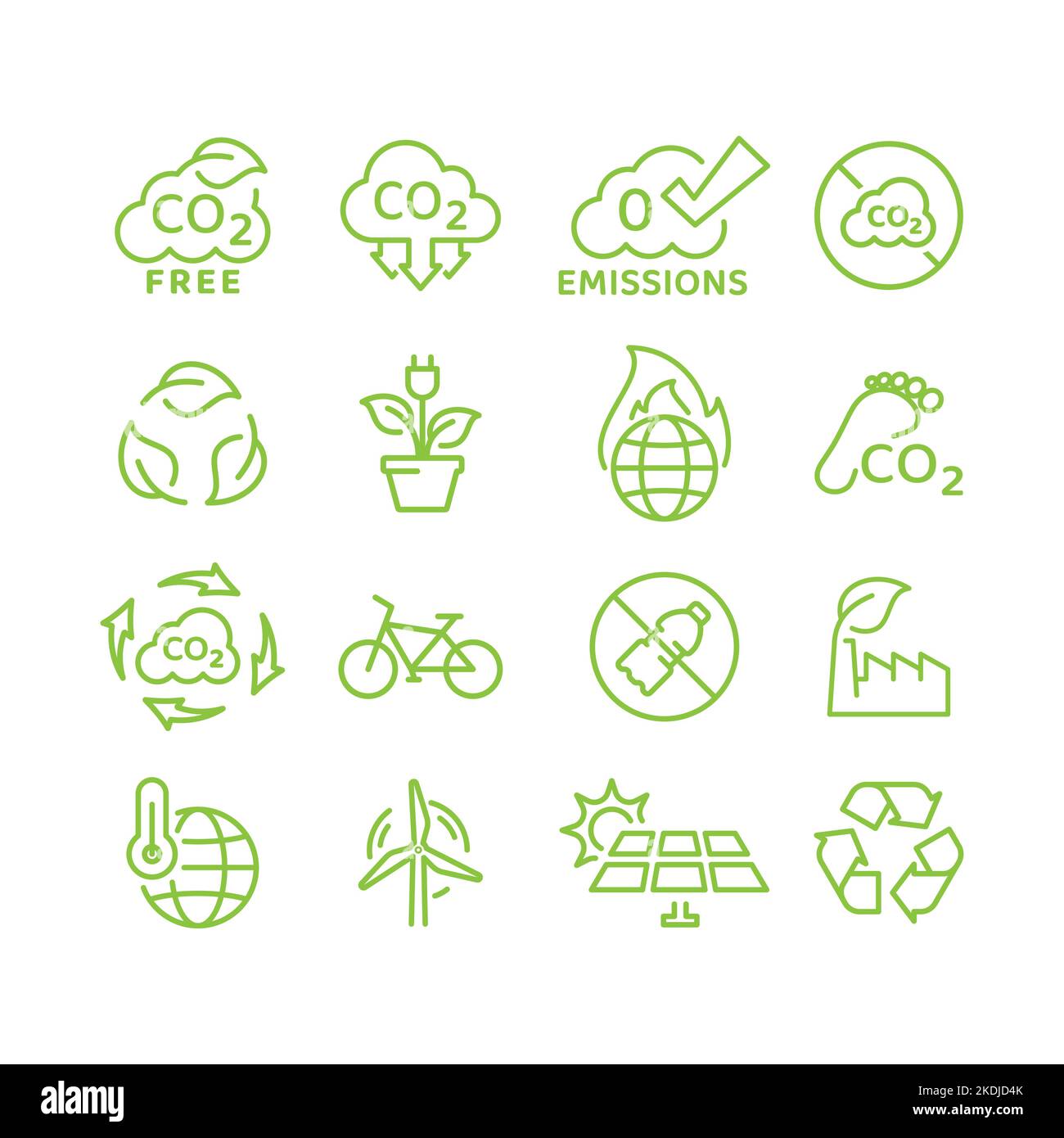 Null Emissionen, Vektor zur Reduzierung des CO2-Fußabdrucks, Symbolsatz. Symbole für Ökologie und Umweltschutz. Stock Vektor