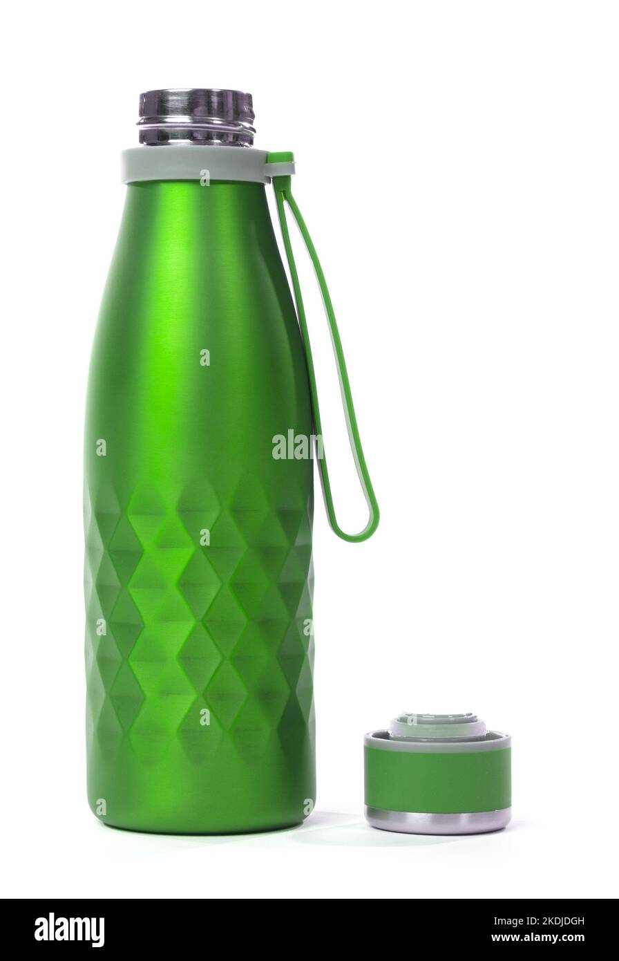 Wiederverwendbare Wasserflasche, isoliert auf weißem Hintergrund Stockfoto