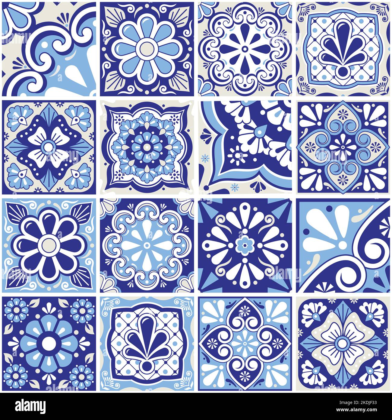 Mexikanische talavera Fliesen große Kollektion, dekorative nahtlose Vektor-Muster mit Blumen gesetzt, Blätter und wirbelt in marineblau Stock Vektor