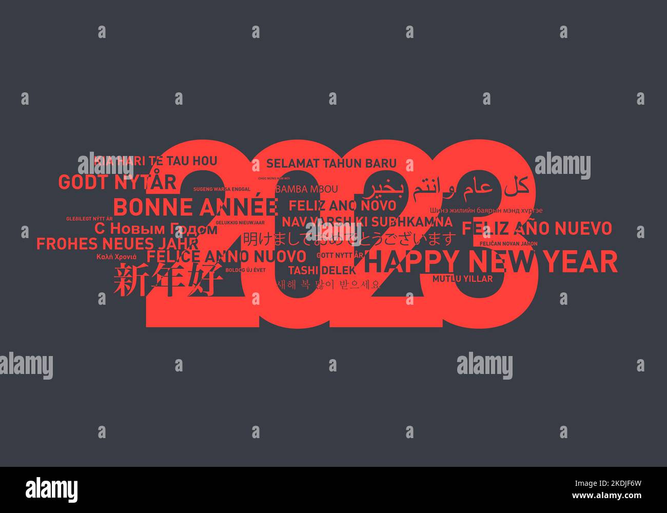 Frohes neues Jahr 2023 Karte aus der Welt in verschiedenen Sprachen. Roter und grauer Hintergrund Stockfoto