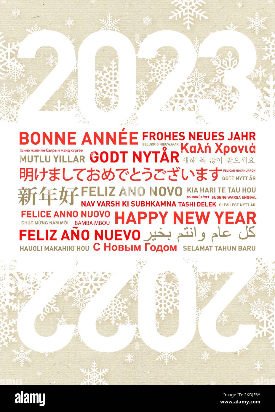 Frohes neues Jahr Karte in verschiedenen Sprachen der Welt. 2023 Stockfoto