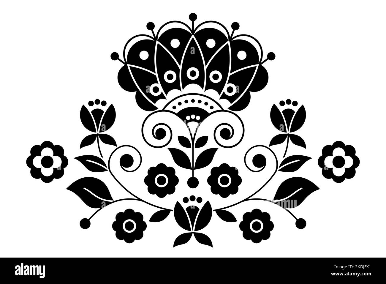 Skandinavische, nordische Volkskunst Vektor schwarz-weißes Muster mit Blumenmotiv inspiriert von traditionellen Stickereien aus Schweden - Grußkarte Stock Vektor