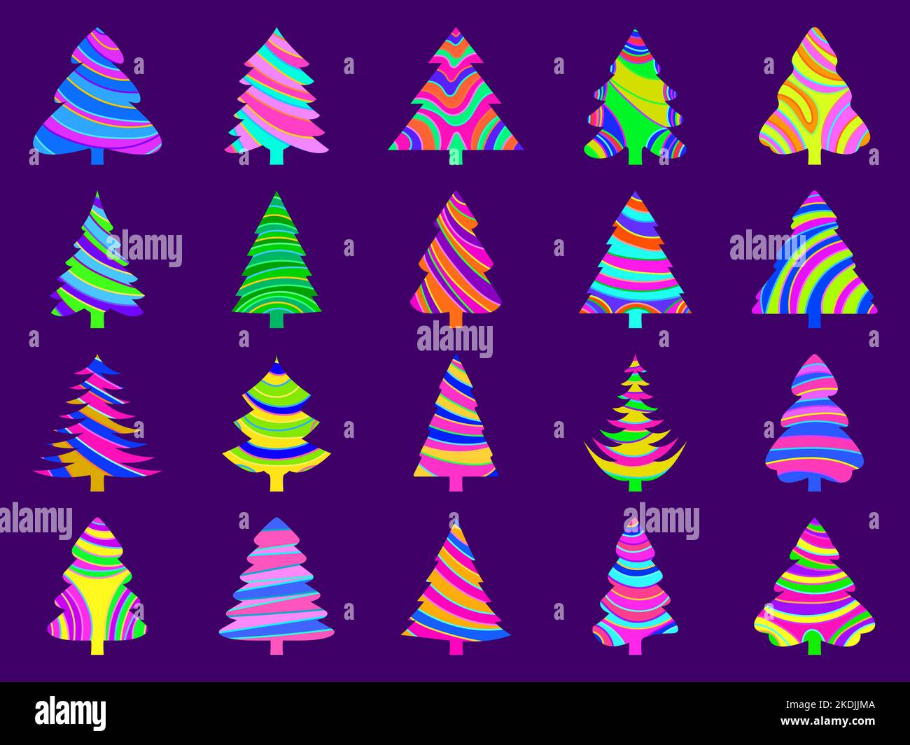 Karamell Süßigkeiten Weihnachtsbaum Symbole Set. Mehrfarbige Weihnachtsbäume im Stil von Weihnachtsbonbons. Design für Banner, Poster und Grußkarten Stock Vektor