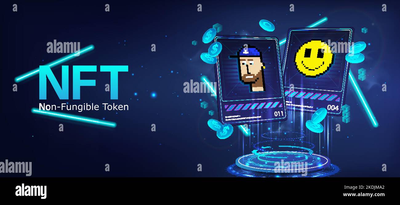 Krypto-Token NFT - Karten mit 3D Hologramm- und Krypto-Münzen Stock Vektor