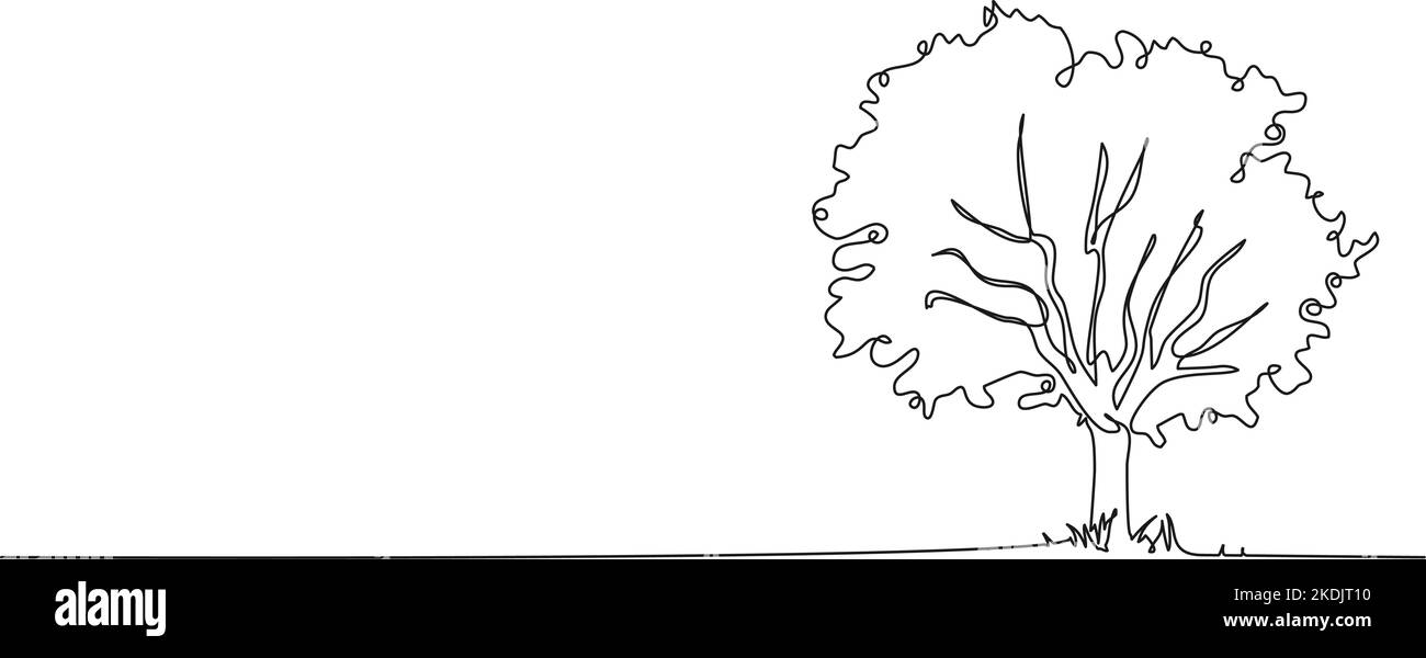 Fortlaufende Einzelzeilenzeichnung eines Laubbaums, isoliert auf weißer Linienkunst-Vektorgrafik Stock Vektor