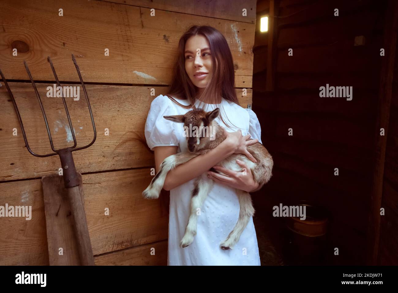 Schöne junge Frau auf einem Bauernhof hält eine Ziege in den Armen. Stockfoto