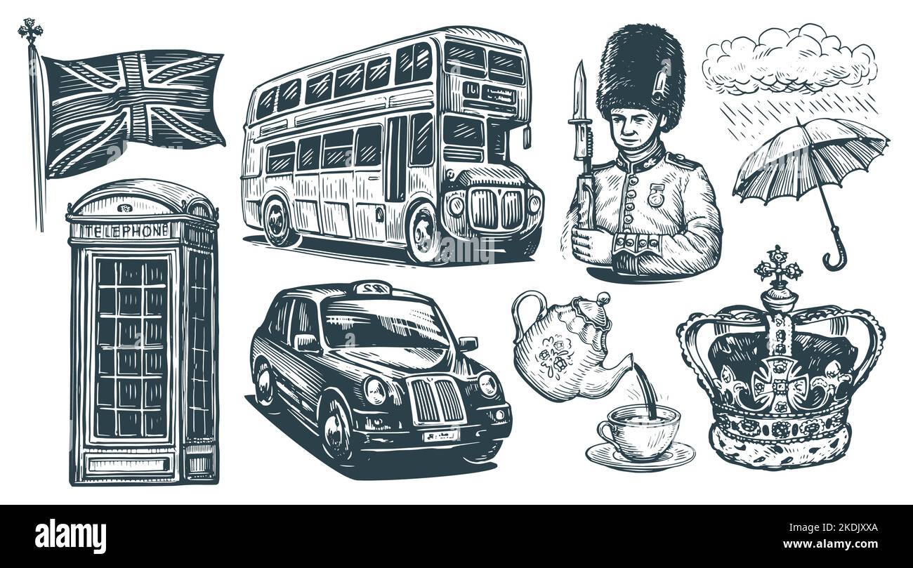 Konzept des Vereinigten Königreichs. England, London eingestellt. Handgezeichnete Sammlung von Illustrationen im Vintage-Stil mit Skizzen Stock Vektor