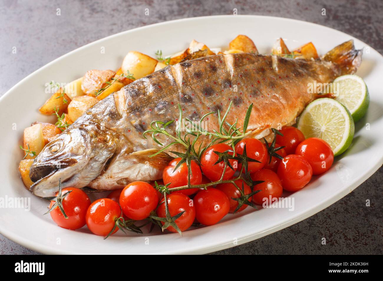 Gebackener Fisch Arctic Char mit Gemüse und Kräutern aus der Nähe auf dem weißen Gericht auf dem Tisch. Horizontal Stockfoto
