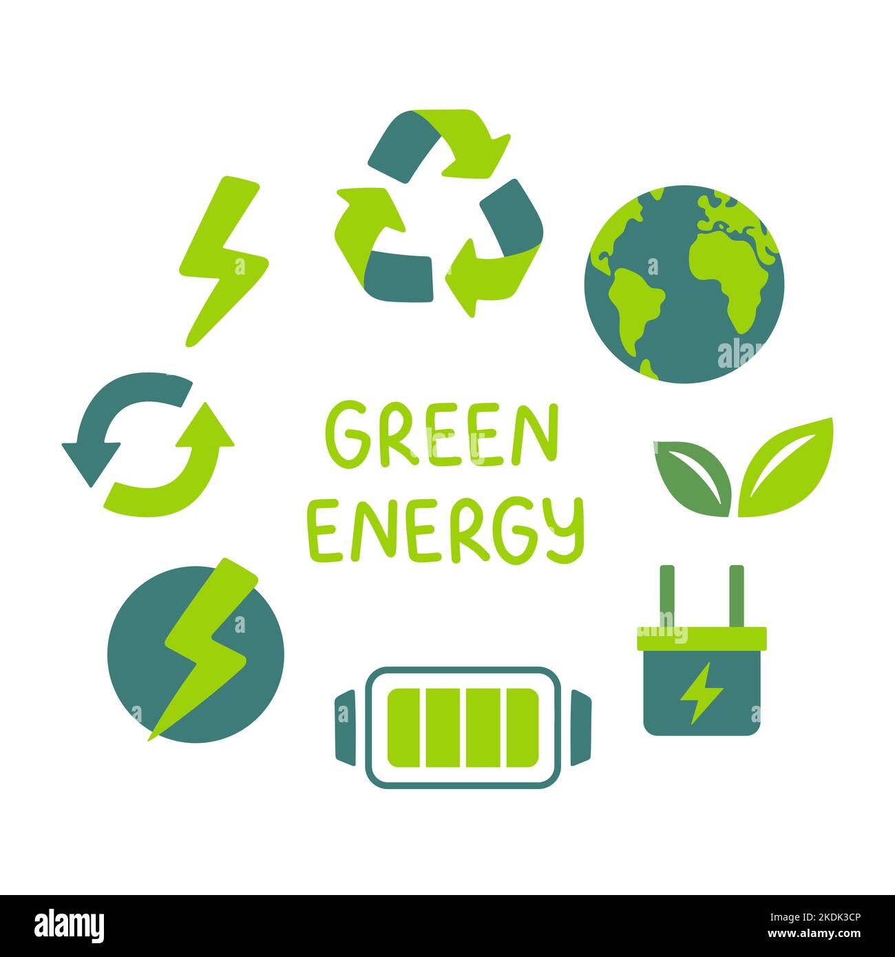 Symbole für das Konzept der grünen Energie. Ökologischer und umweltbezogener Farbsymbole. Erneuerbare Energie Vektor-Zeichenkollektion. Stock Vektor