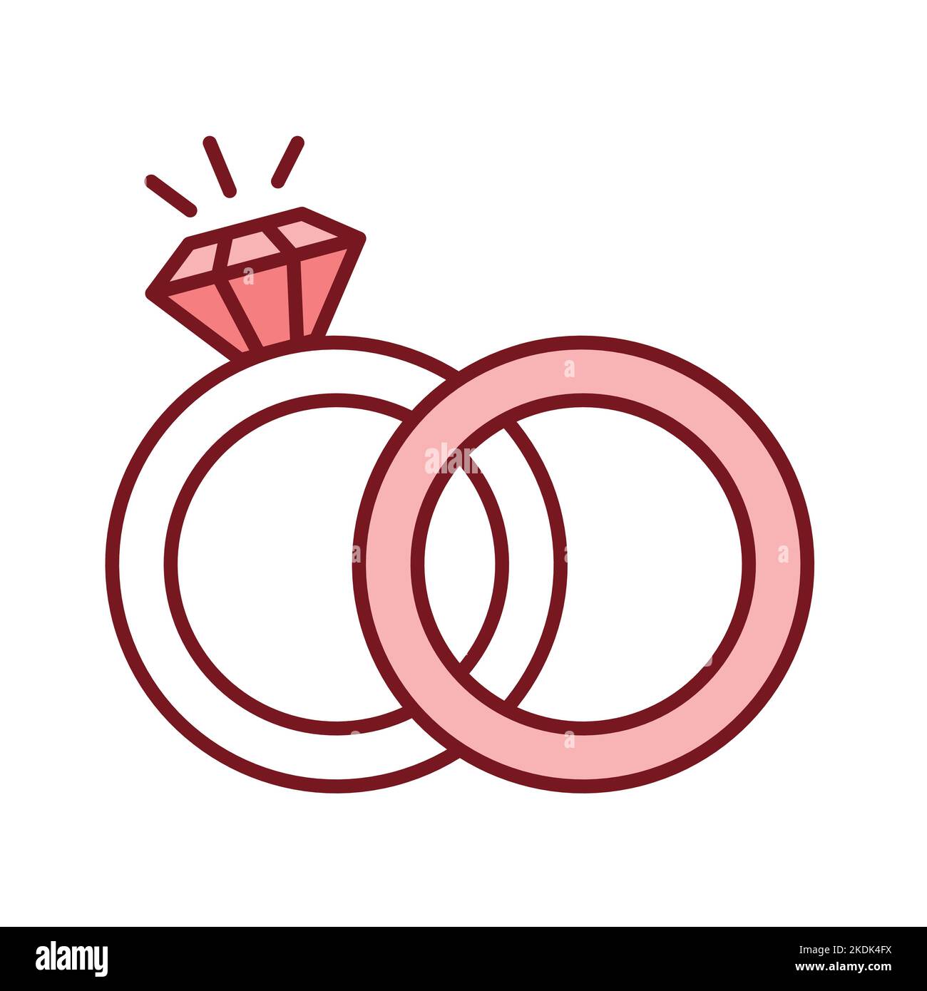 Hochzeit Goldringe mit Diamanten Linie Farbe Symbol. Stock Vektor