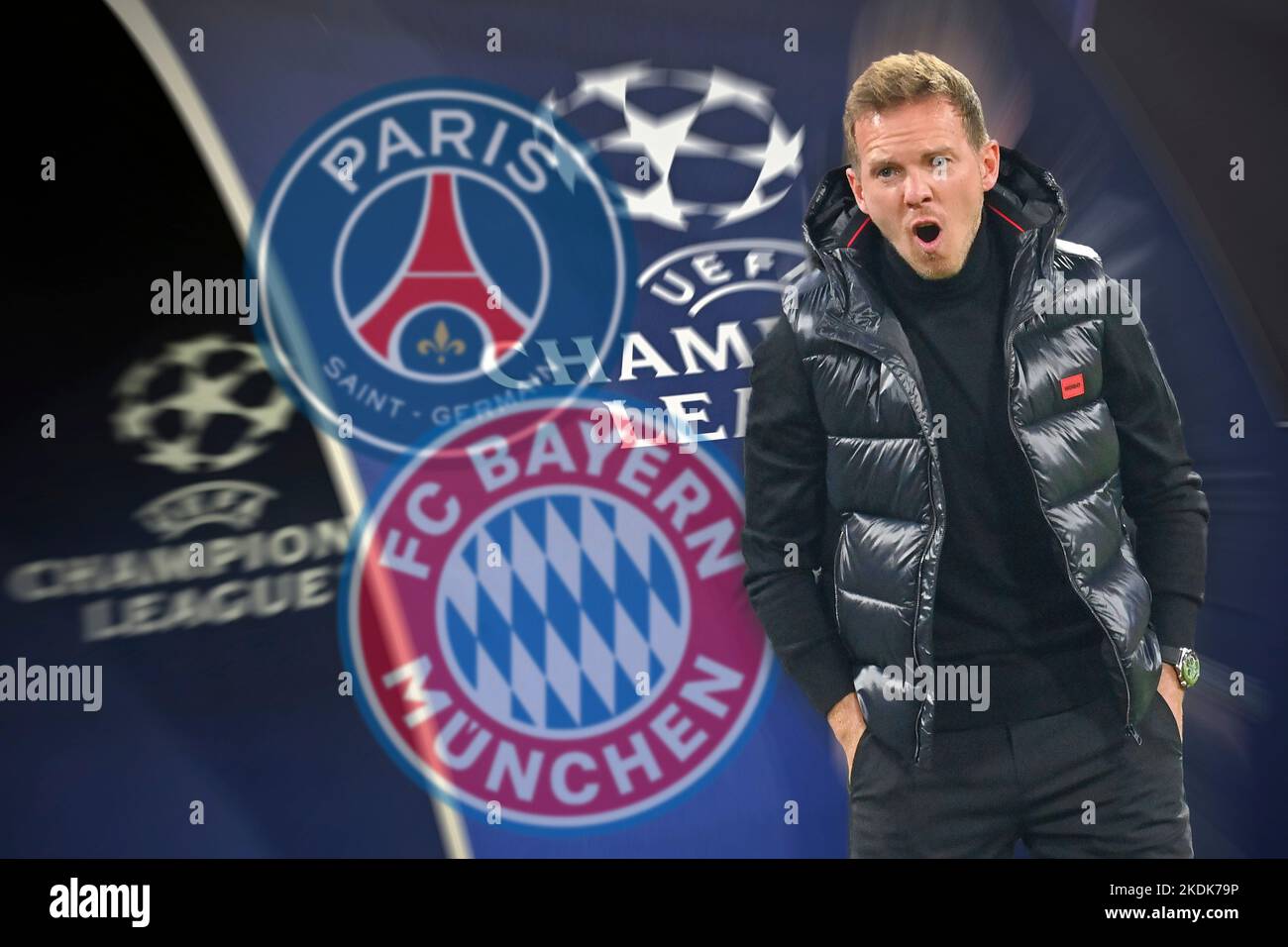 München, Deutschland. 07.. November 2022. FOTOMONTAGE: Champions League Unentschieden: FC Bayern trifft Paris Saint Germain (PSG) Randmoriv in der Runde von 16, Champions League Logo, Fußball Champions League/FC Bayern München-Inter Mailand 2-0 Gruppenphase, 6. Spieltag am 1.. November 2022, ALLIANZAREN A. ? Kredit: dpa/Alamy Live Nachrichten Stockfoto