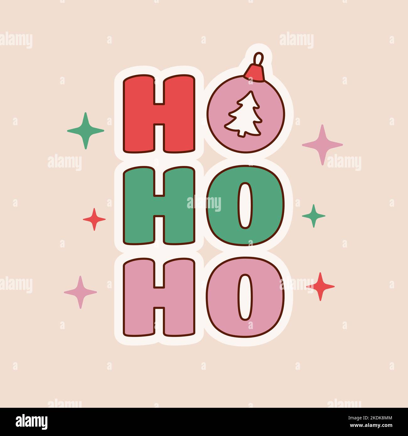 Ho ho ho und Merry Christmas Retro 1970s grooviger Aufkleber. Weihnachtsmann Nachricht und Urlaub Zitat. Vektorgrafik. Stock Vektor