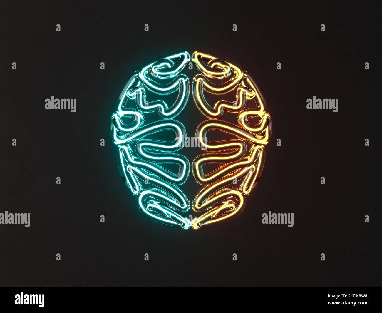 Ein Glas stilisiertes Gehirn, das von verschiedenen Neon-Leuchtstoffröhren auf einem isolierten dunklen Hintergrund beleuchtet wird - 3D Render Stockfoto