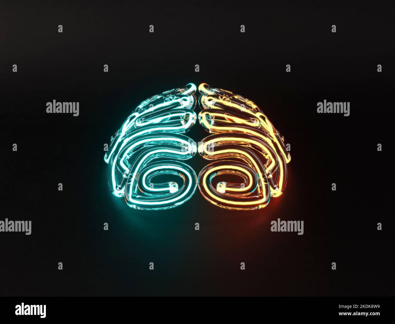 Ein Glas stilisiertes Gehirn, das von verschiedenen Neon-Leuchtstoffröhren auf einem isolierten dunklen Hintergrund beleuchtet wird - 3D Render Stockfoto