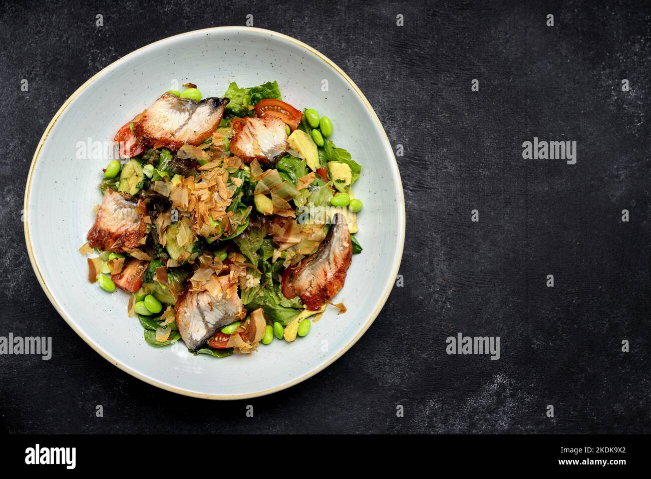 Salat mit gebratenem Aal und Gemüse auf einem Teller Stockfoto