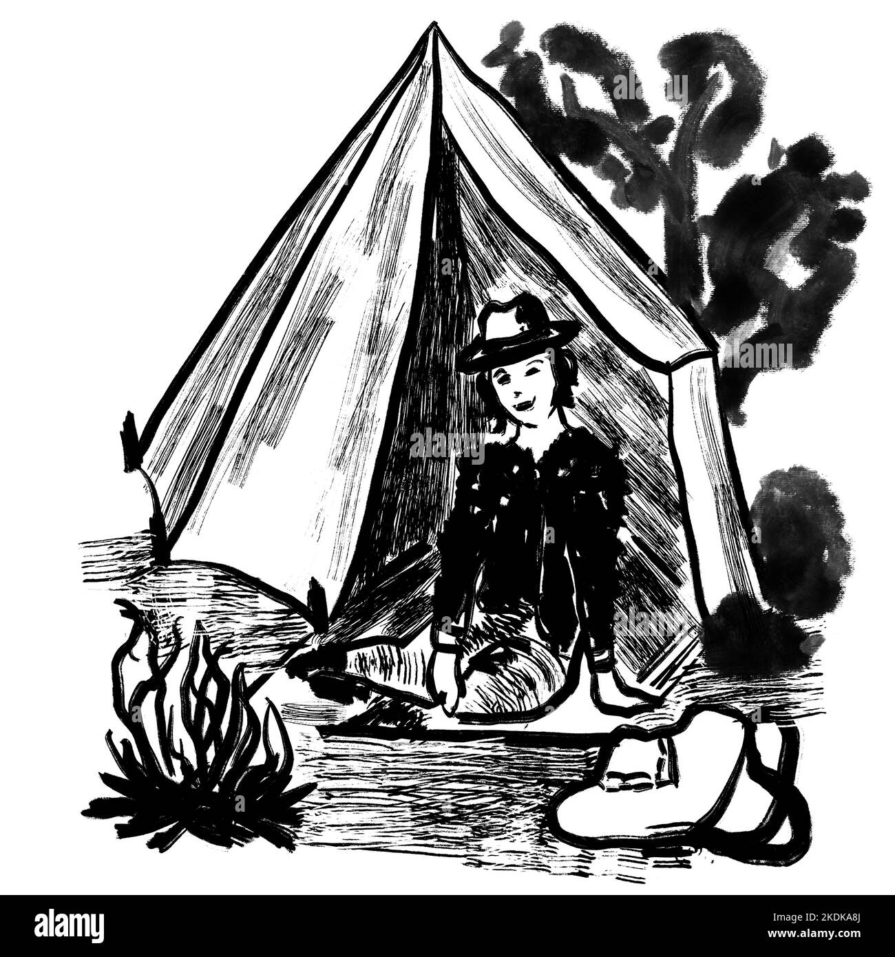 Handgezeichnete Illustration einer Frau, die im Zelt mit Lagerfeuersack campiert, Bäume im Freien. Schwarz-weiße Monocrome-Tinte Skizze Illustration, minimalistische Zeichnung mit einfachen Pinselstrichen Stockfoto