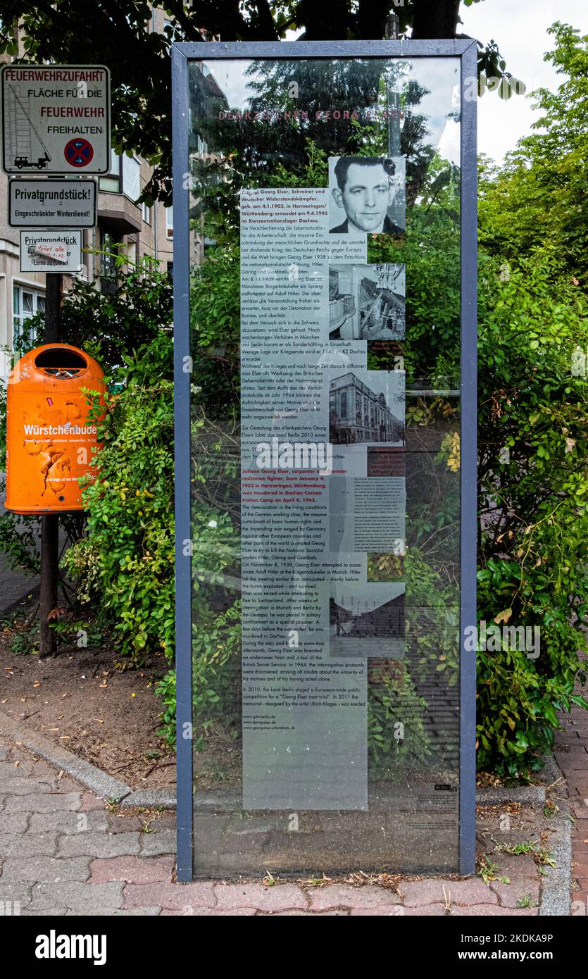 Wilhelmstraße, Mitte, Berlin. Johann Georg Elser Informationspanel. Widerstandskämpfer, der versuchte, Hitler zu ermorden 8. November 1939 Stockfoto