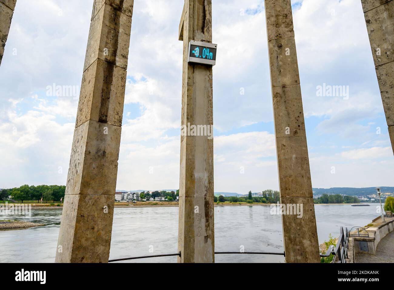 Rheinwasserüberwachungsstation mit negativem Wert während der Trockenheit Stockfoto