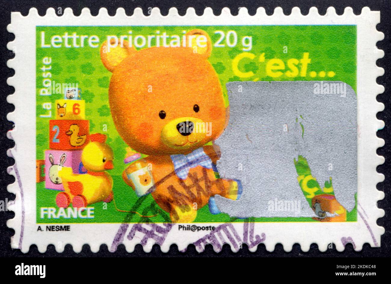 Timbre oblitéré C'est...Lettre prioritaire 20g, La Poste, Frankreich, Stockfoto