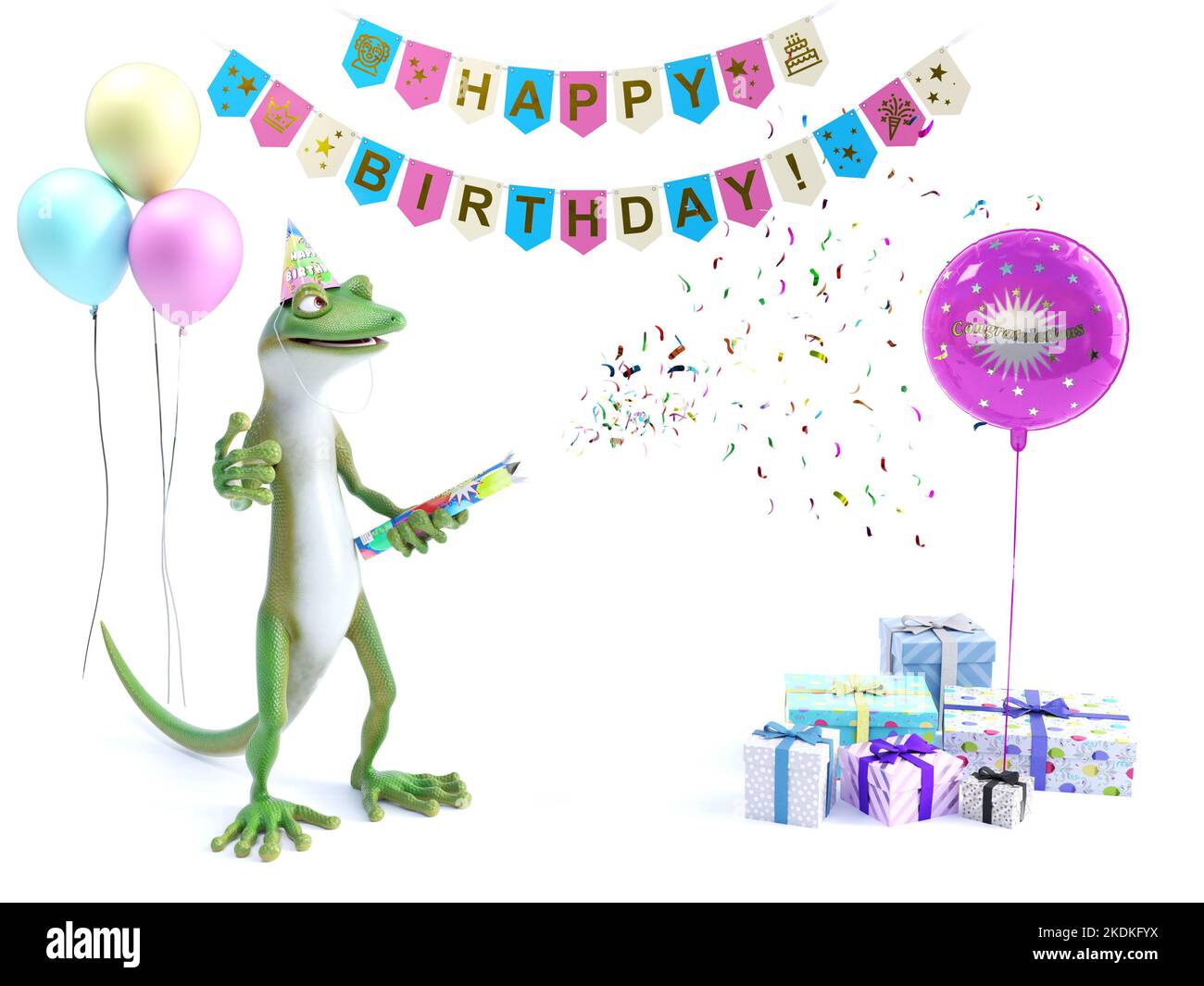 3D Rendering eines kühlen grünen Geckos oder einer Eidechse, die eine Party Popper oder Konfetti Kanone schießt und eine Happy Birthday Party feiert. Weißer Hintergrund mit Stockfoto