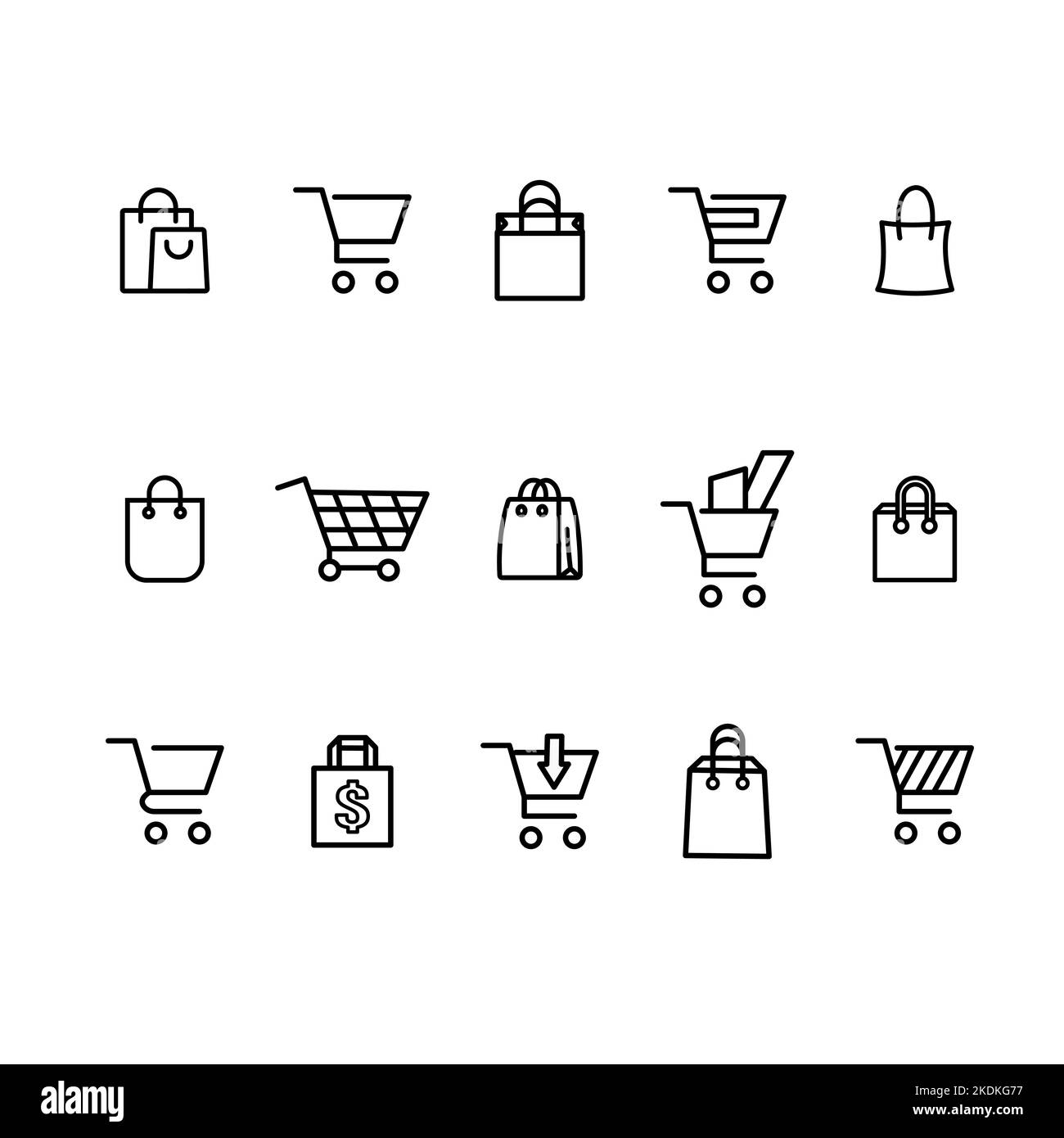 Einfacher Satz von Shopping Cart-Symbolen. Im Lieferumfang enthalten Online-Shop mit Karren, Taschen und mehr. Stock Vektor