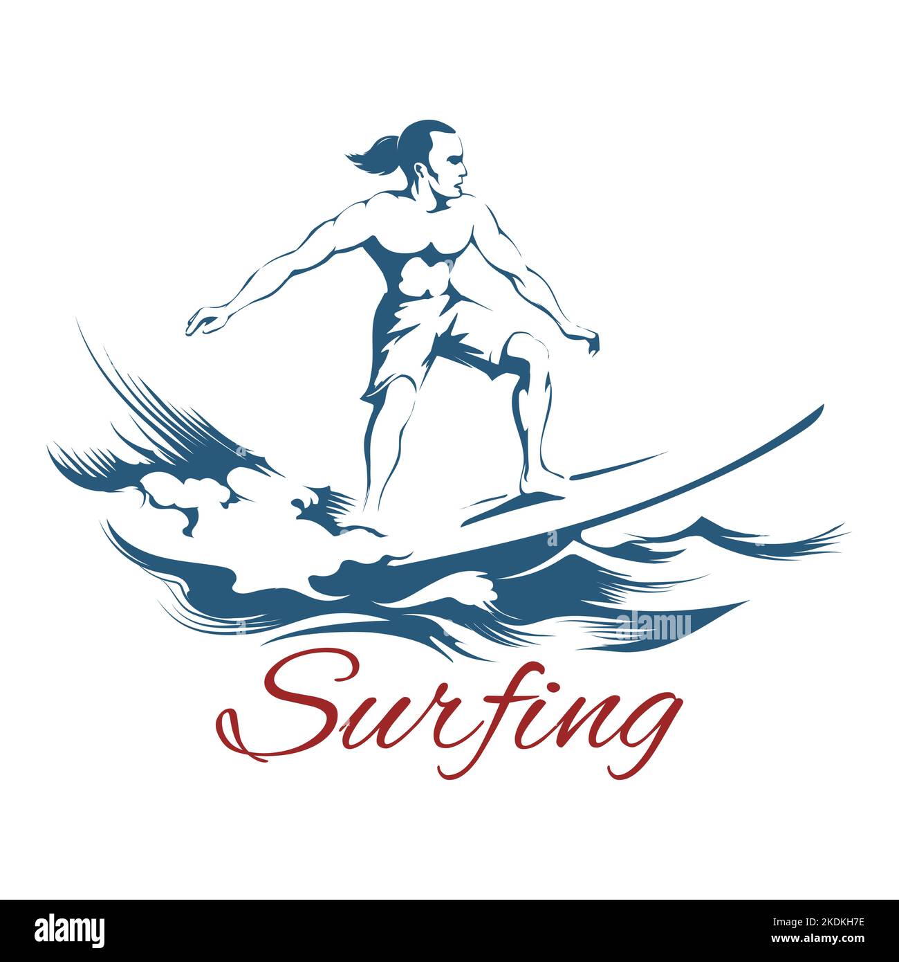 Surfen Emblem mit Surfer Reiten auf einem langen Brett und Aufschrift Surfen isoliert auf weiß. Vektorgrafik. Stock Vektor