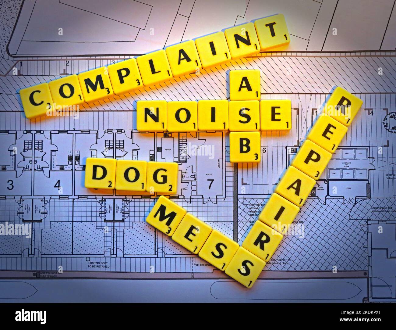 Hundemassch, Lärm, ASB, Reparaturen Beschwerden von Wohnungen - Scrabble Briefe über Pläne für ein Wohnungssystem - Immobilien Fragen Stockfoto