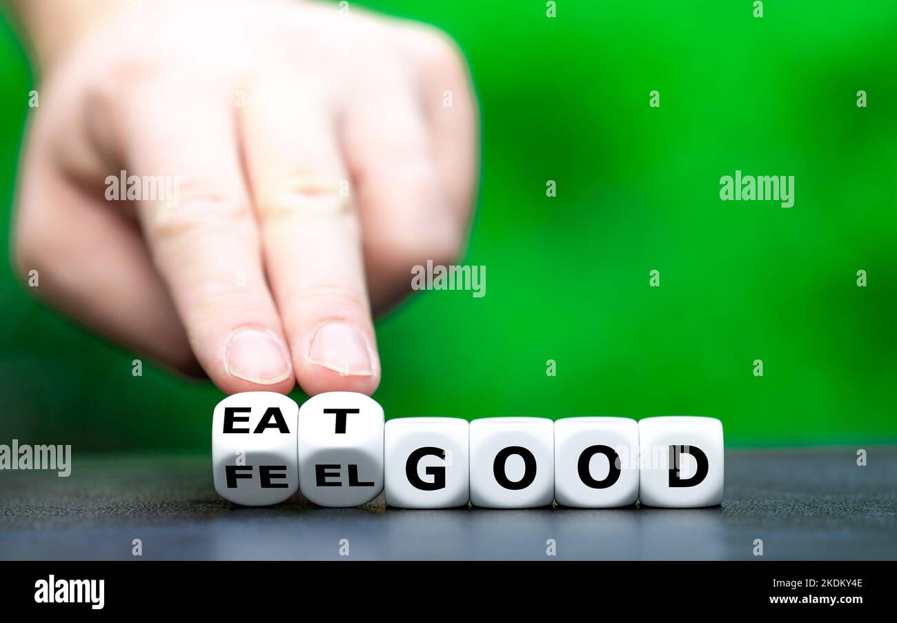 Würfel bilden die Ausdrücke „Eat Good“ und „Feel Good“. Stockfoto