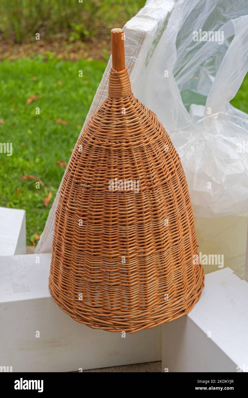 Stroh Skep Coiled Rattan Korb Umgedreht Nach Unten Gemütlich Home Honig Bienen Hive Stockfoto