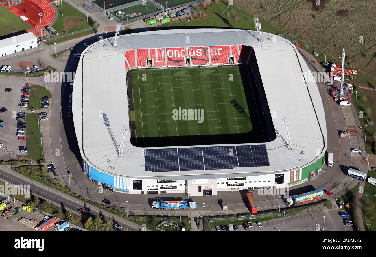 Luftaufnahme des Doncaster Rovers Fußballplatz - das Eco-Power Stadium Stockfoto