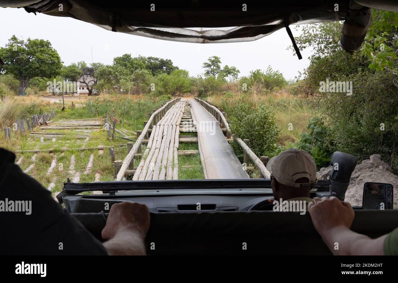 Afrika-Safari; Fahrt über eine Brücke auf einer Jeep-Safari, Moremi Game Reserve, Okavango Delta, Botswana Afrika. Afrikanischer Safariurlaub. Stockfoto