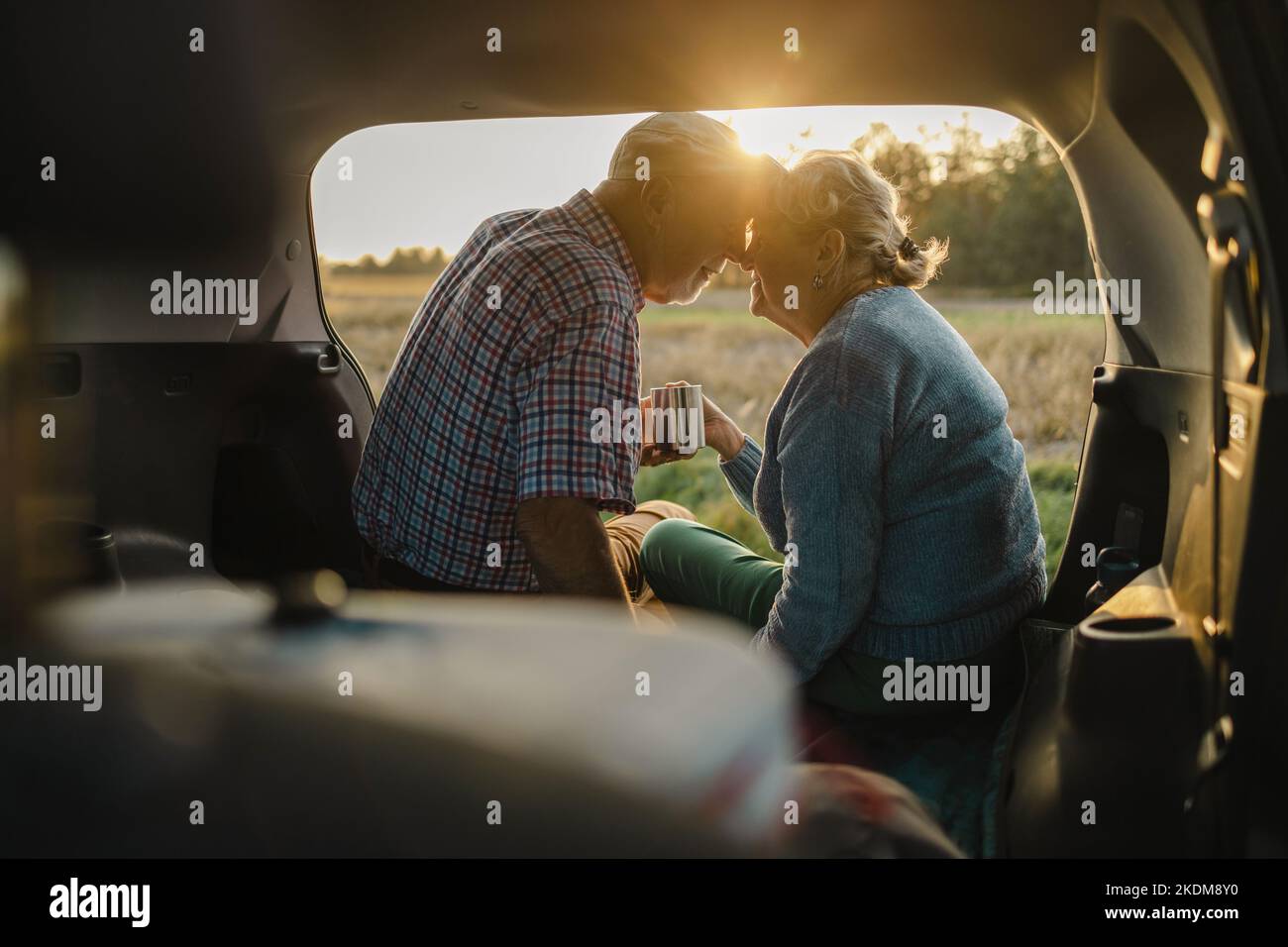 Glückliches Seniorenpaar, das in freier Wildbahn im offenen Kofferraum sitzt Stockfoto