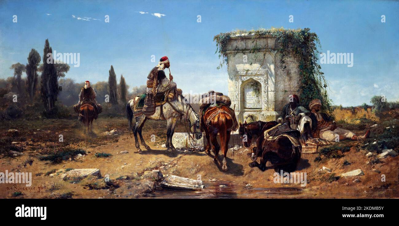 Araber ruht by a Marble Fountain von Christian Adolf Schreyer (1828-1899), Öl auf Leinwand, 1856 Stockfoto