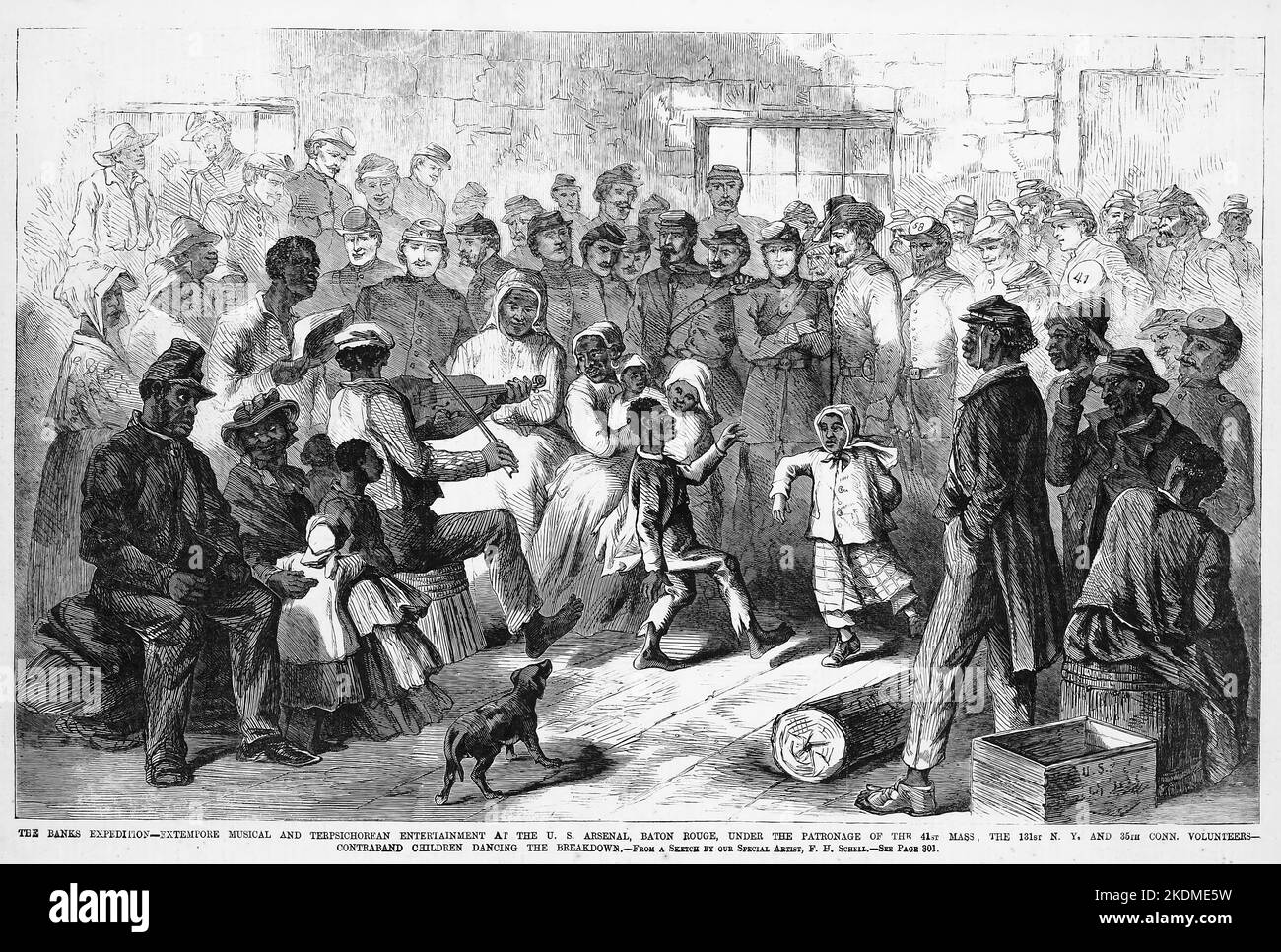 The Banks Expedition - Extempore musikalische und terpsikhoreanische Unterhaltung im U. S. Arsenal, Baton Rouge, Louisiana, unter der Schirmherrschaft der 41. Massachusetts, der 131. New York und 35. Connecticut Freiwilligen - Schmuggelkinder, die den Zusammenbruch tanzen. Januar 1863. Illustration des amerikanischen Bürgerkriegs des 19.. Jahrhunderts aus Frank Leslie's Illustrated Newspaper Stockfoto