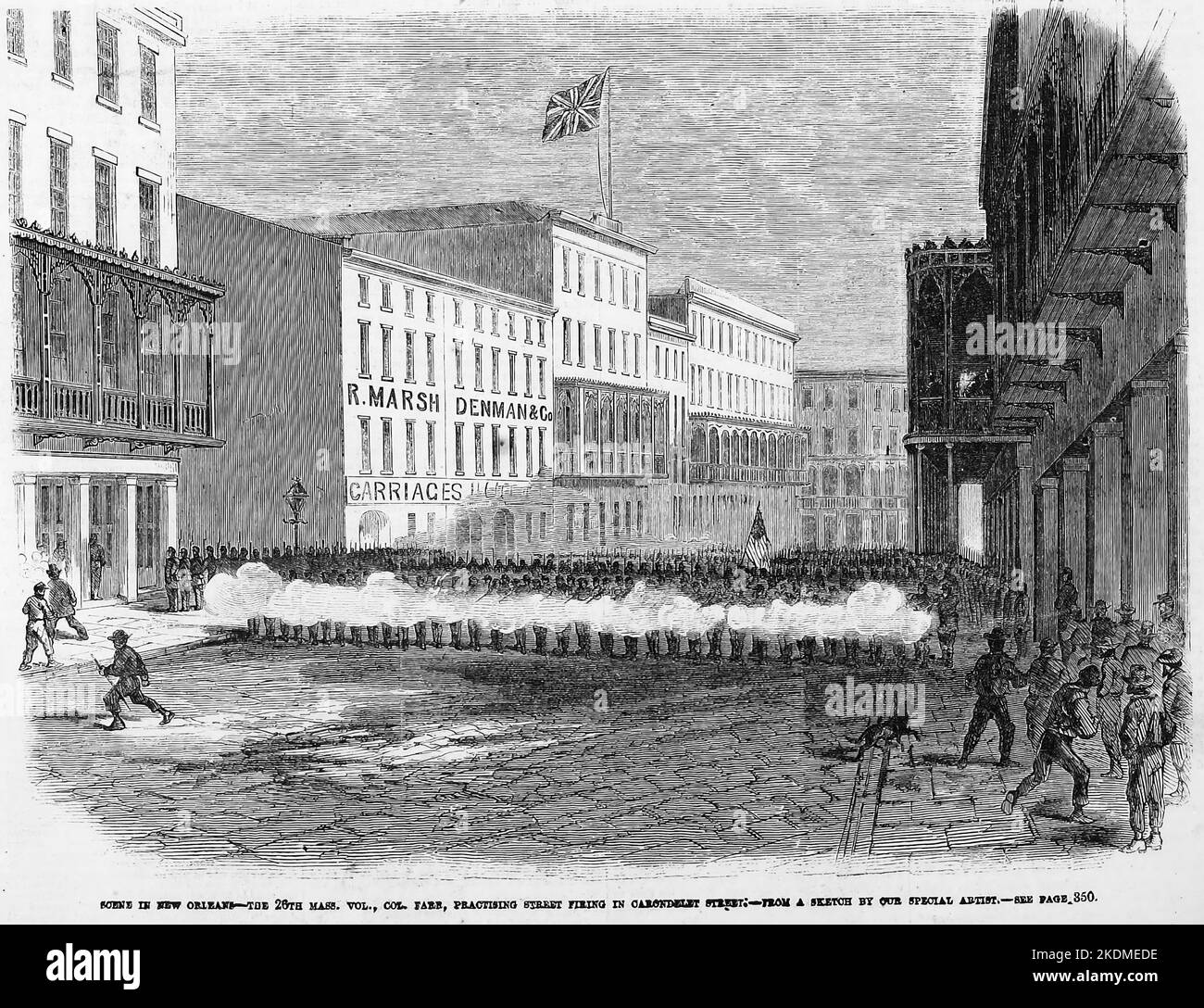 Szene in New Orleans, Louisiana - die 26. Freiwilligen aus Massachusetts, Colonel Farr, üben in der Carondelet Street die Straßenfeuerung. Februar 1863. Illustration des amerikanischen Bürgerkriegs des 19.. Jahrhunderts aus Frank Leslie's Illustrated Newspaper Stockfoto