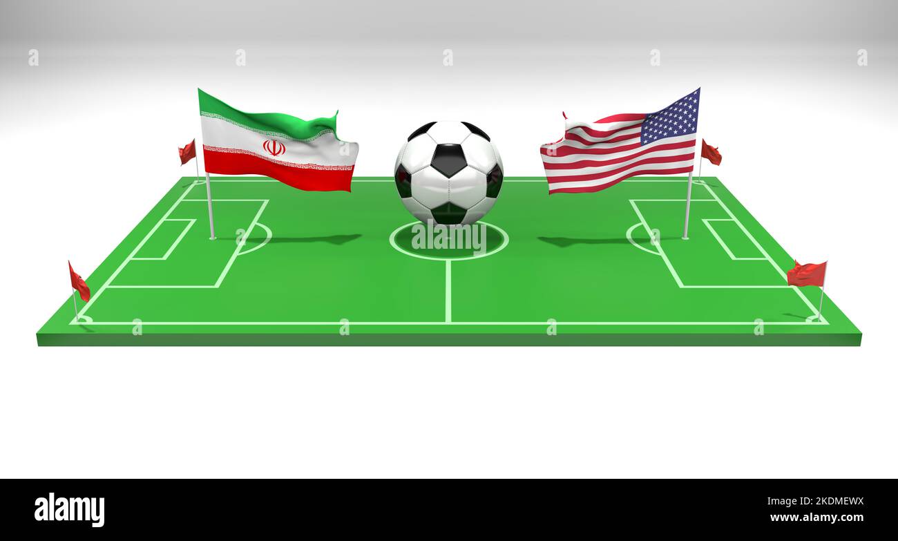 Iran gegen USA Fußballspiel FIFA World Cup Qatar 2022, Fußballfeld, 3D Arbeit und 3D Bild, Eriwan, Armenien - 2022. November 07 Stockfoto