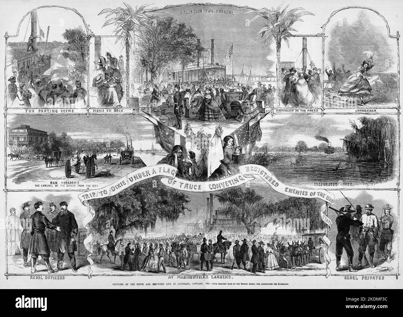 Skizzen des Lebens im Süden und Süden in Louisiana, Januar, 1863 - Reise nach Dixie unter einer Waffenstillstandsflagge - Vermittlung registrierter Feinde der Unionsstaaten - Abschiedsszene an Deck - Suche im Gepäck - Bewirtung der Presse - Tchefunkte River - Rebelloffiziere - Madisonville Landing - Rebellentänze. Illustration des amerikanischen Bürgerkriegs des 19.. Jahrhunderts aus Frank Leslie's Illustrated Newspaper Stockfoto Skizzen des Lebens im Süden und Süden in Louisiana, Januar, 1863 - Reise nach Dixie unter einer Waffenstillstandsflagge - Vermittlung registrierter Feinde der Unionsstaaten - Abschiedsszene an Deck - Suche im Gepäck - Bewirtung der Presse - Tchefunkte River - Rebelloffiziere - Madisonville Landing - Rebellentänze. Illustration des amerikanischen Bürgerkriegs des 19.. Jahrhunderts aus Frank Leslie's Illustrated Newspaper Stockfoto
