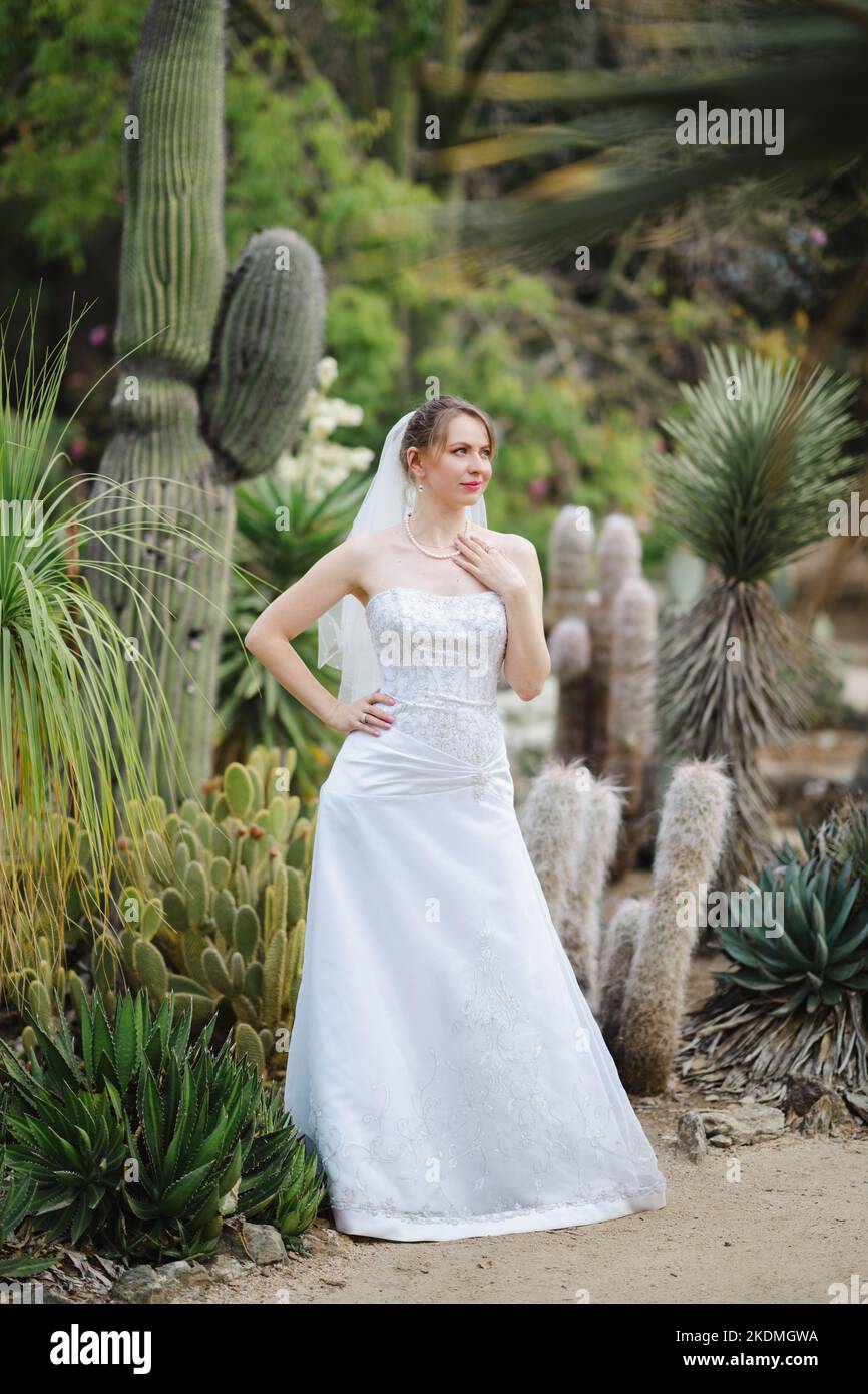 Braut steht in einem Kaktusgarten Stockfoto