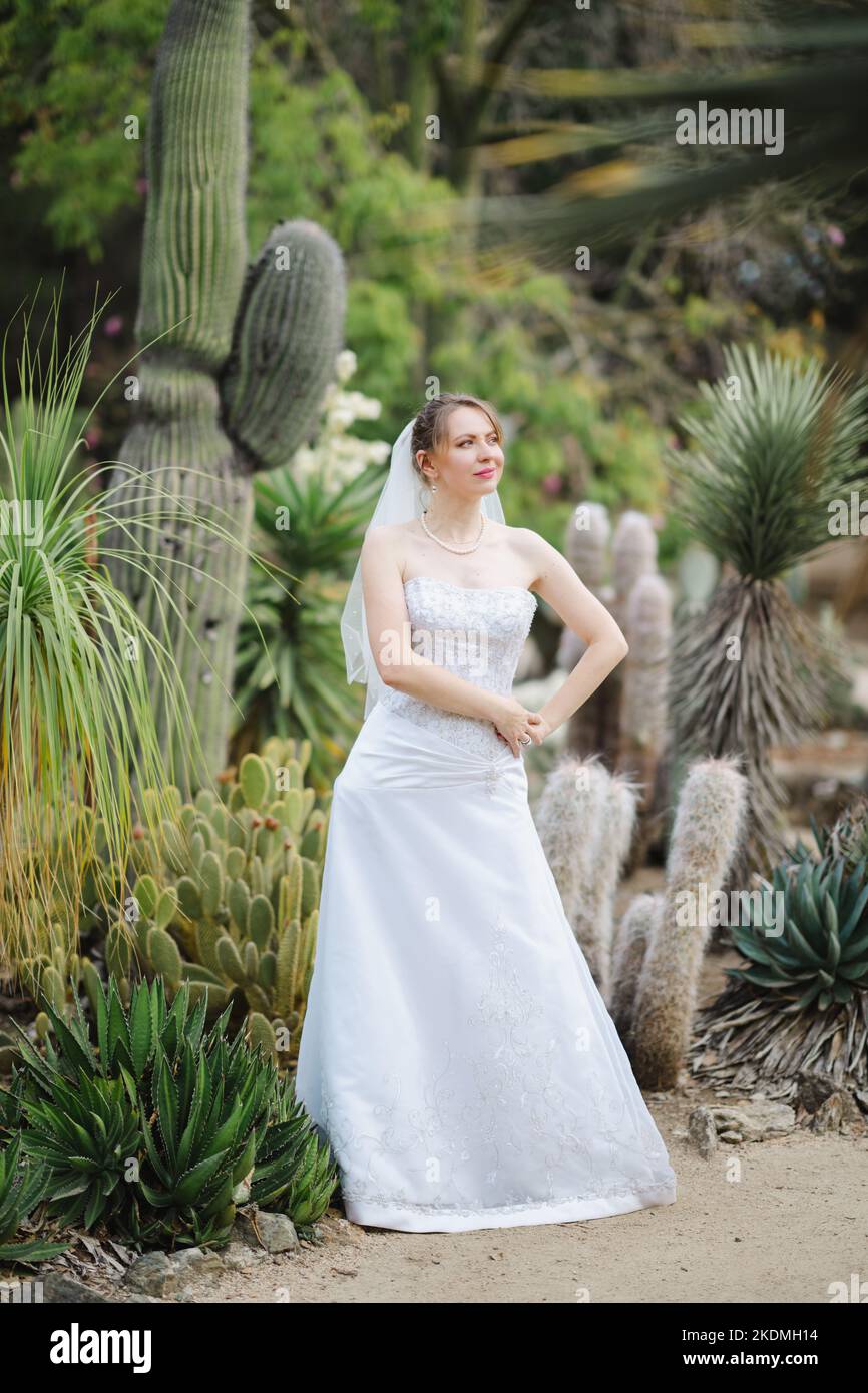 Braut steht in einem Kaktusgarten Stockfoto