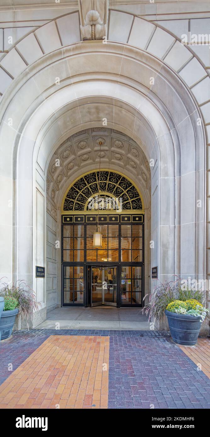 Eingang zum Hanna Building in der East 14. Street. Stockfoto